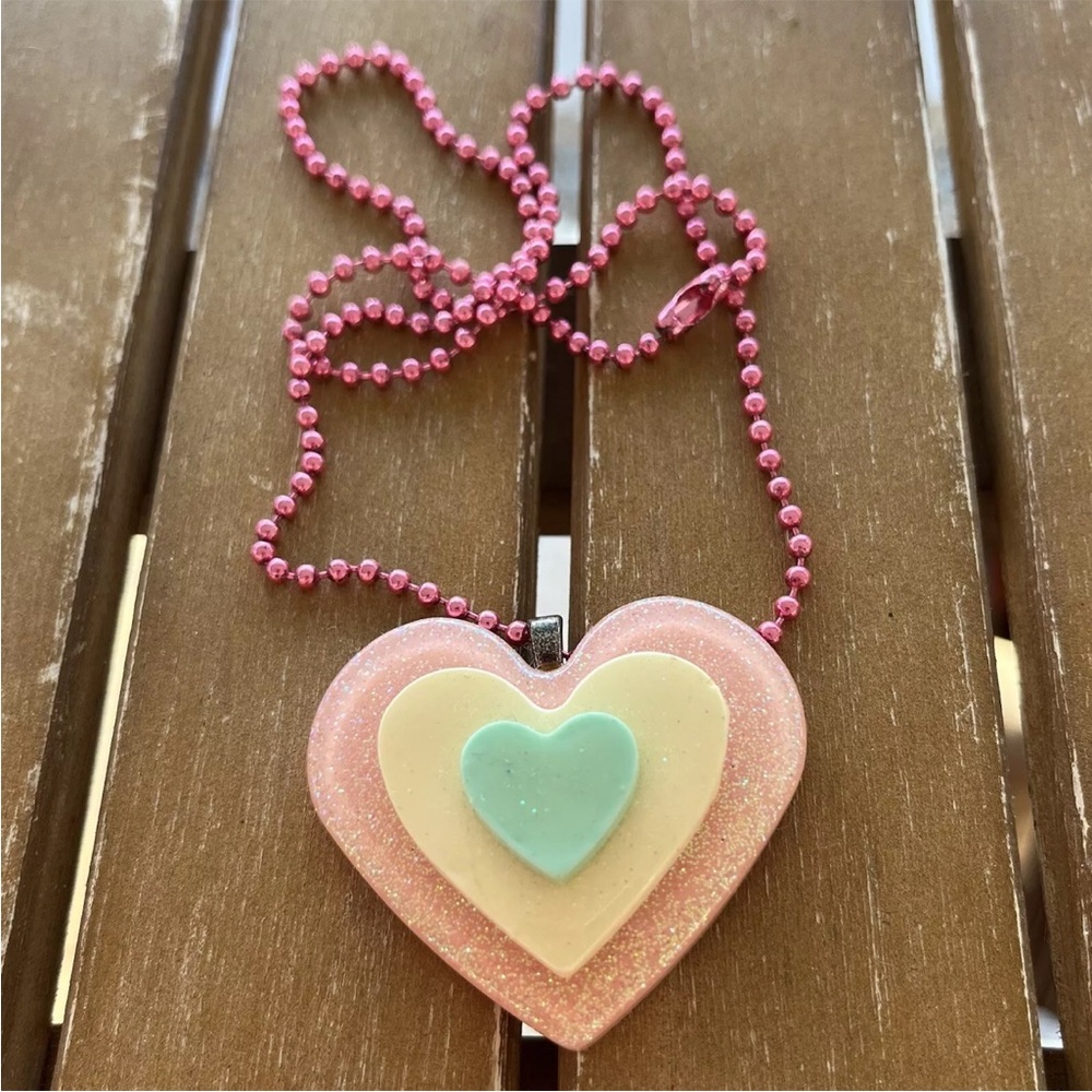 Pink Aqua Blue Glitter Heart Resin Necklace Metallic Ball Chain Handmade NEW